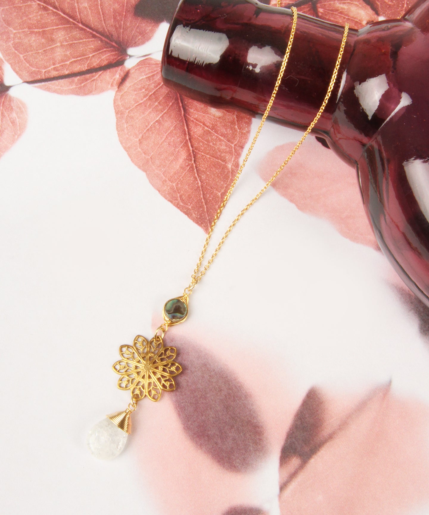 アバロンシェル×花型装飾チャームネックレス(ゴールドフィルド)